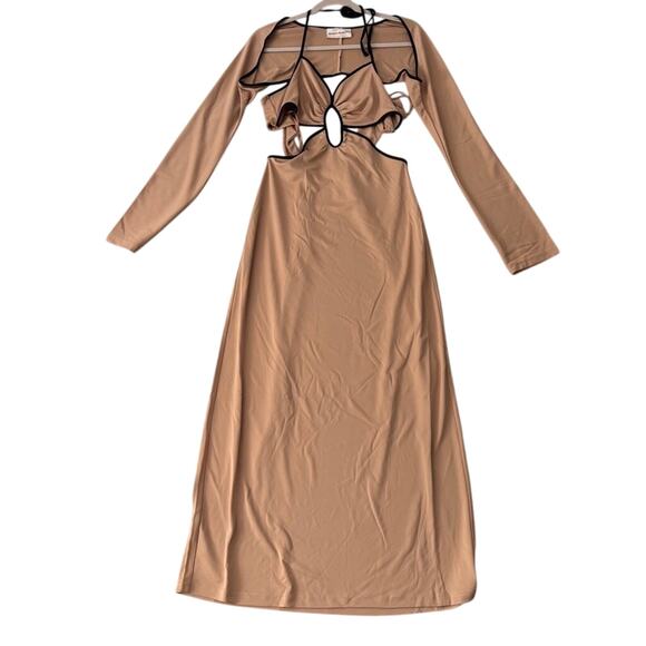 Finders Keepers Eloise Cutout Midi Dress Tan Black Trim Size M NWT - Picture 4 of 9